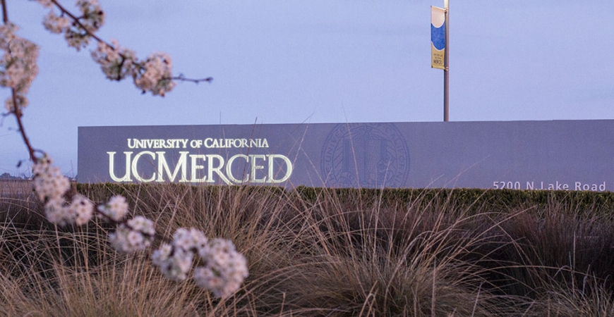 Panorama shot of University of California UC Merced building sign