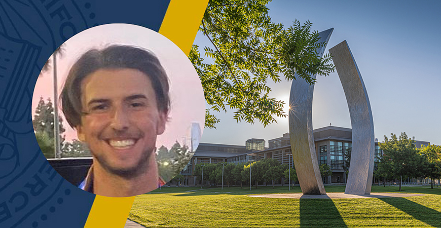 Christian Boyd, an incoming student at UC Merced, and the Beginnings Sculpture are seen in an image.