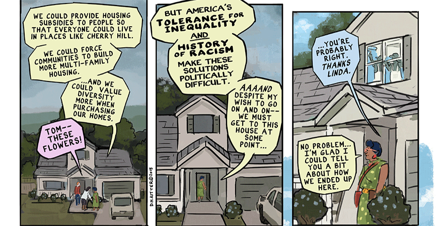 Comic panels display a character having one-sided conversation about structural racism
