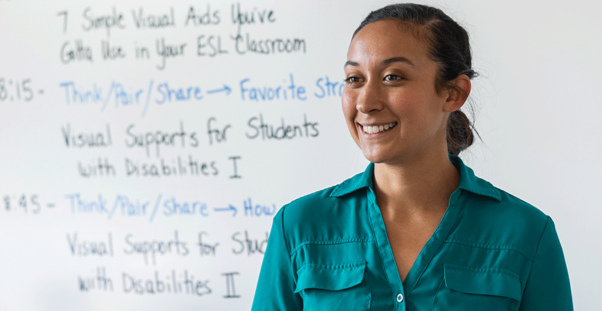 Leticia Rivero smiling from the front of the classroom