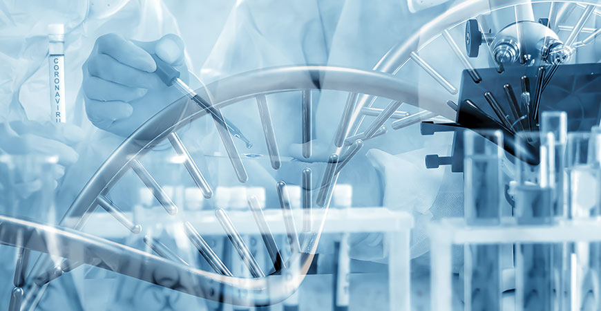 Grey graphic of DNA sequence and laboratory equipment