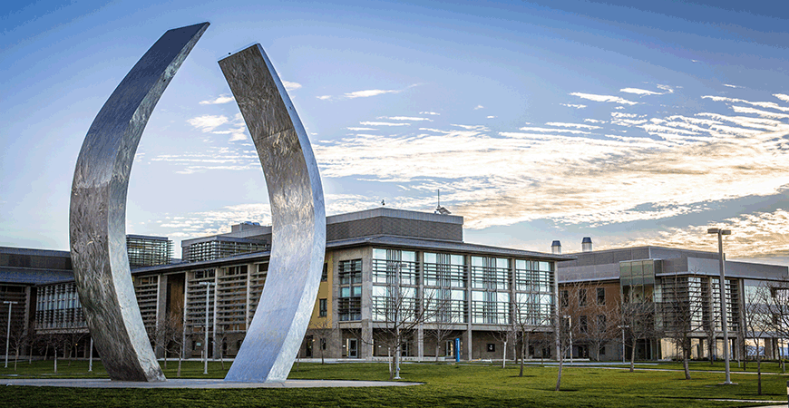 Morning view of Beginnings Sculpture on UC Merced campus quad