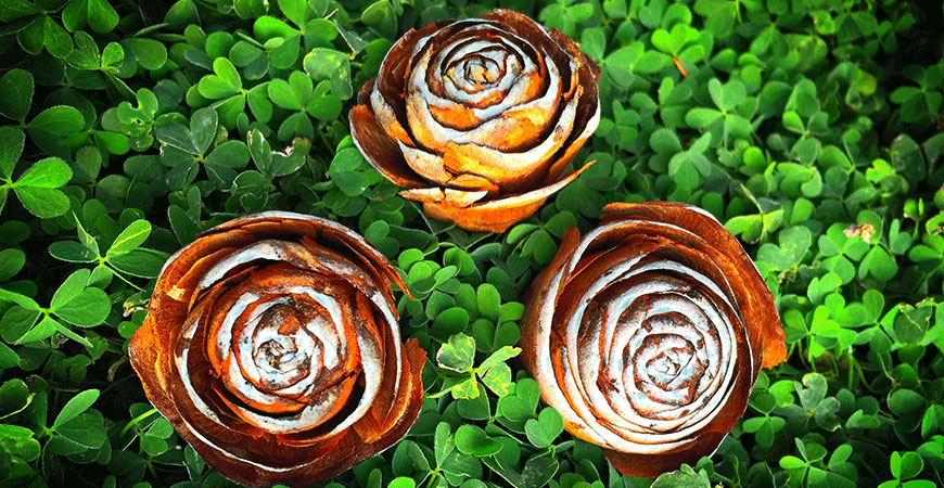 Three roses in a clover field
