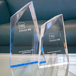 Two crystal awards are displayed on a tabletop.