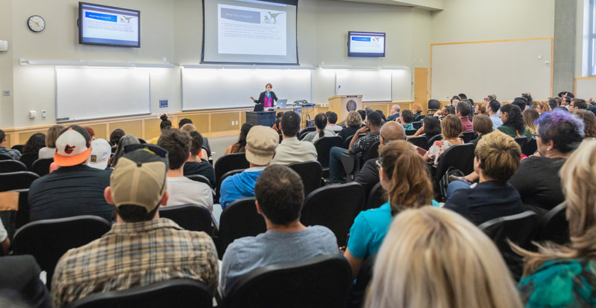 Donna Riley of Purdue University addresses a packed house at UC Merced, where she discussed the root causes of inequality in STEM.