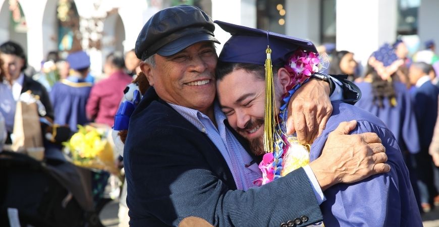 uc merced fall commencement father and graduate son