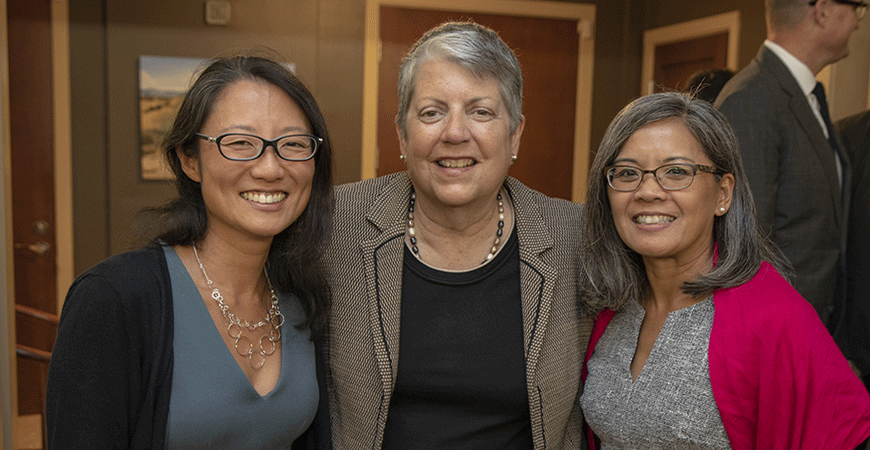 Anna Song, UC President Janet Napolitano and Jennifer Manilay at First-Generation Students dinner