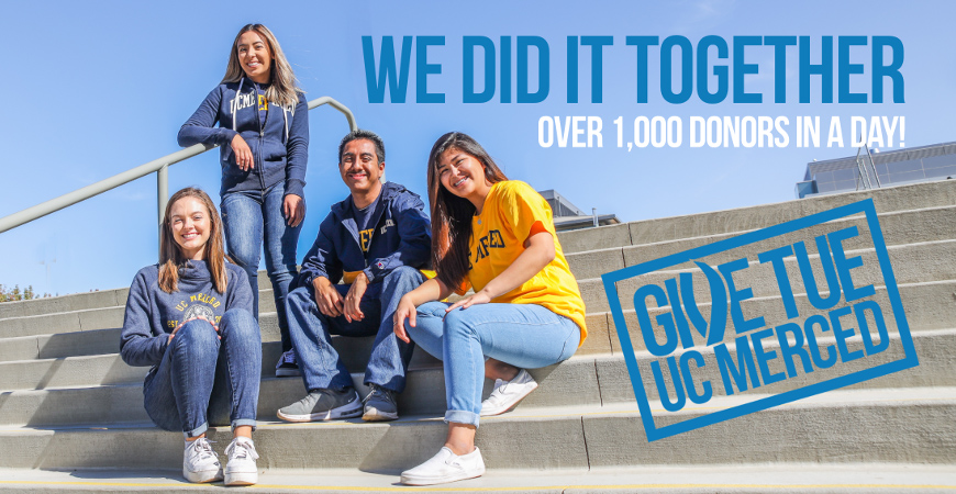 We Did It Together banner with 4 students posing on campus steps