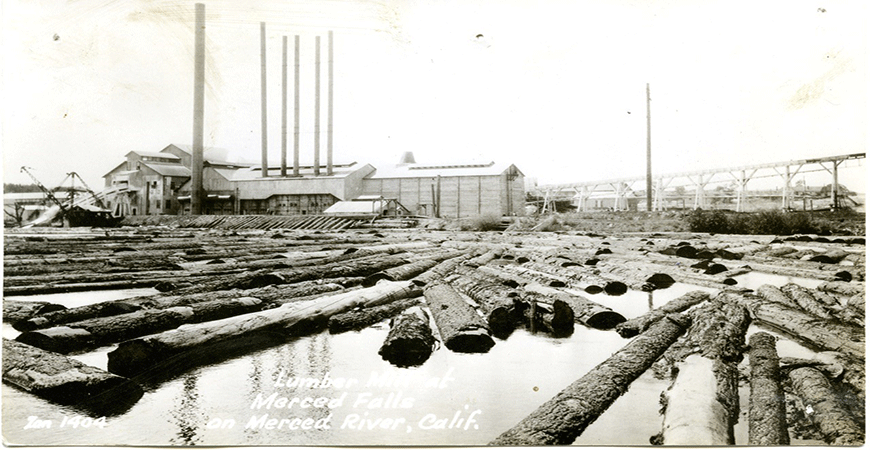 Sepia tone image of logs in the mill pond