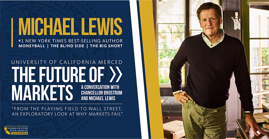 Promotional banner of The Future of Markets event with Michael Lewis and Chancellor Brostrom