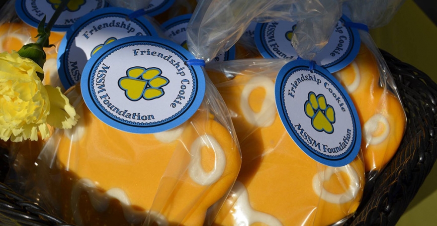 Yellow pawprint-shaped cookies in gift wrapping