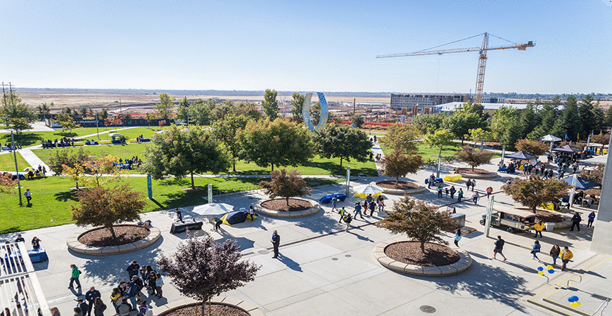 Aerial view of UC Merced students walking around campus quad