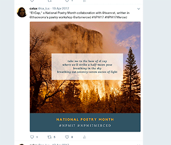 Twitter post by Christina Lux with image of her poem placed over an image of the mountain forest
