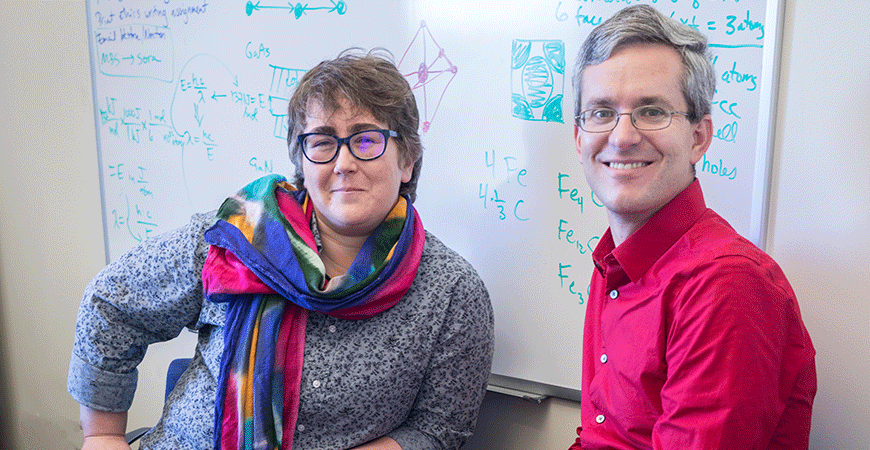Professor Pribram-Jones and Strubbe posing together in front of a whiteboard with equations